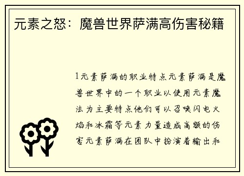 元素之怒：魔兽世界萨满高伤害秘籍